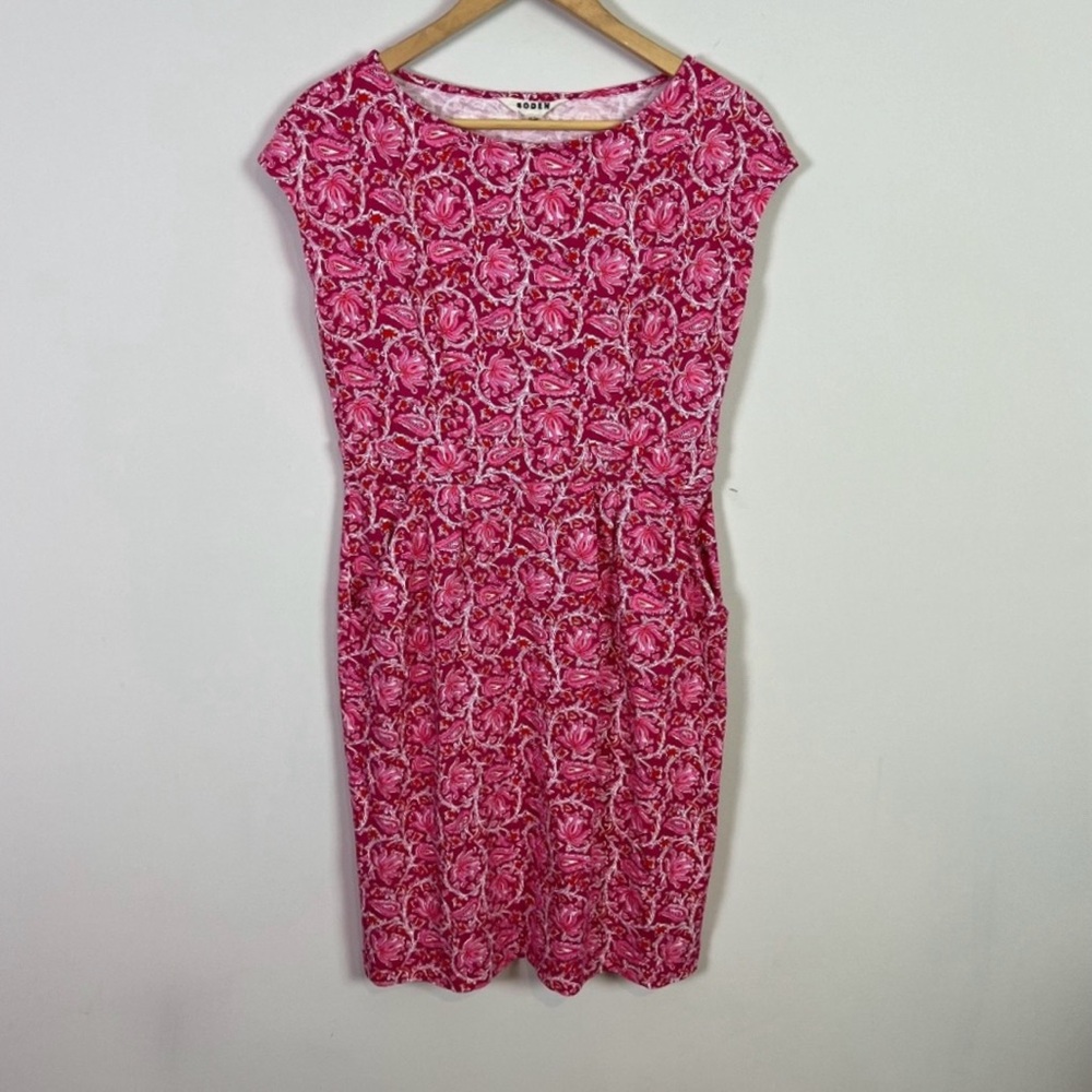 Boden Women’s Pink Red Cap Sleeve Floral Midi Dress Size 8 R Pockets Work Church